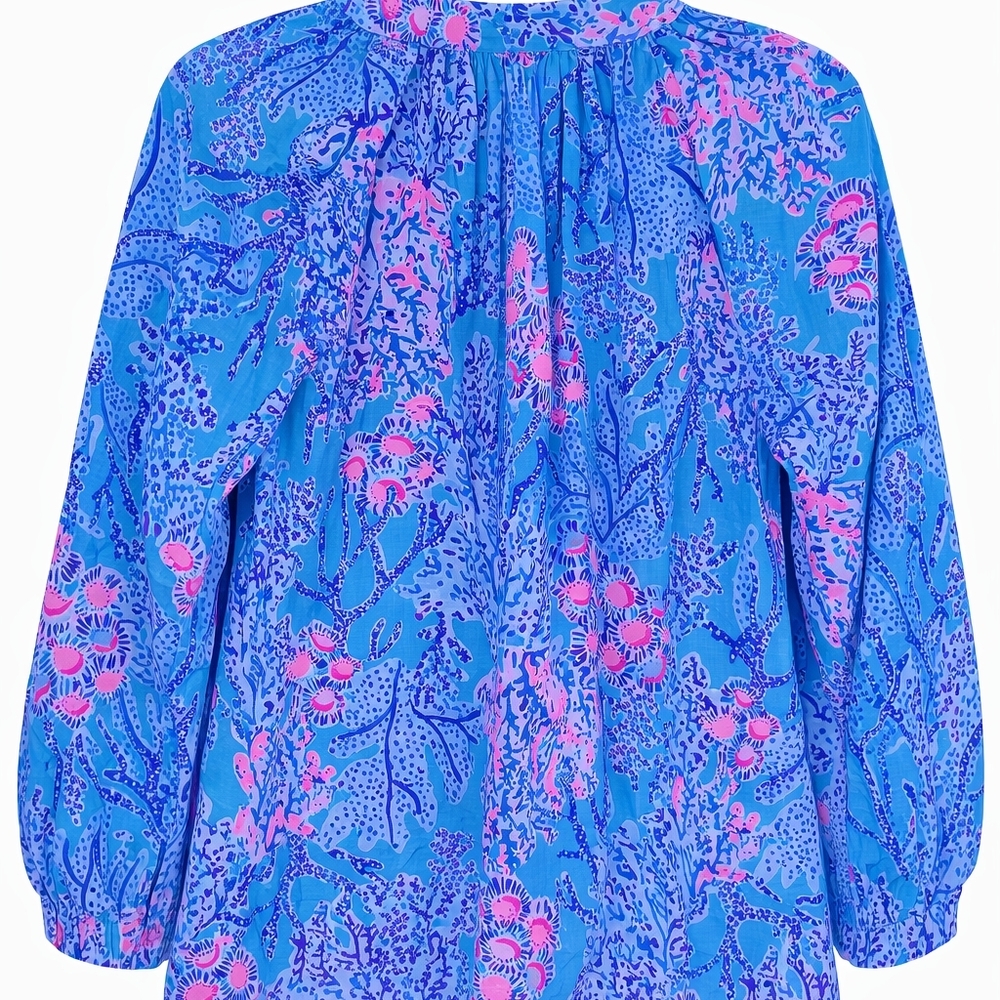 💮 Lilly Pulitzer Blue Pink Coral Print Button Down Blouse L 100% Cotton Flowy - Picture 2 of 10